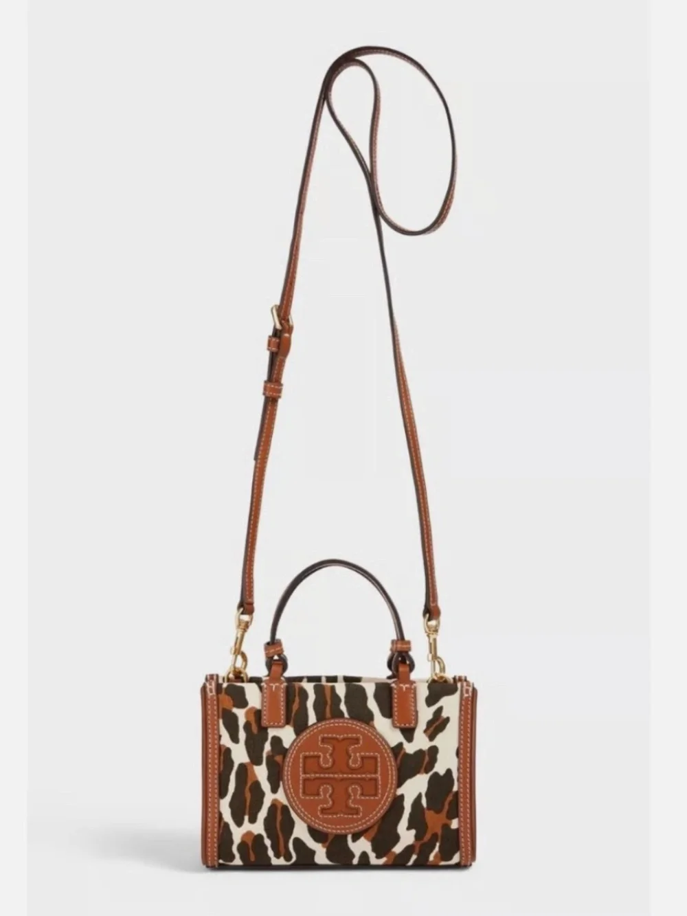 Tory Burch Leopard Print Leather-Trim Crossbody in Brown and Cream